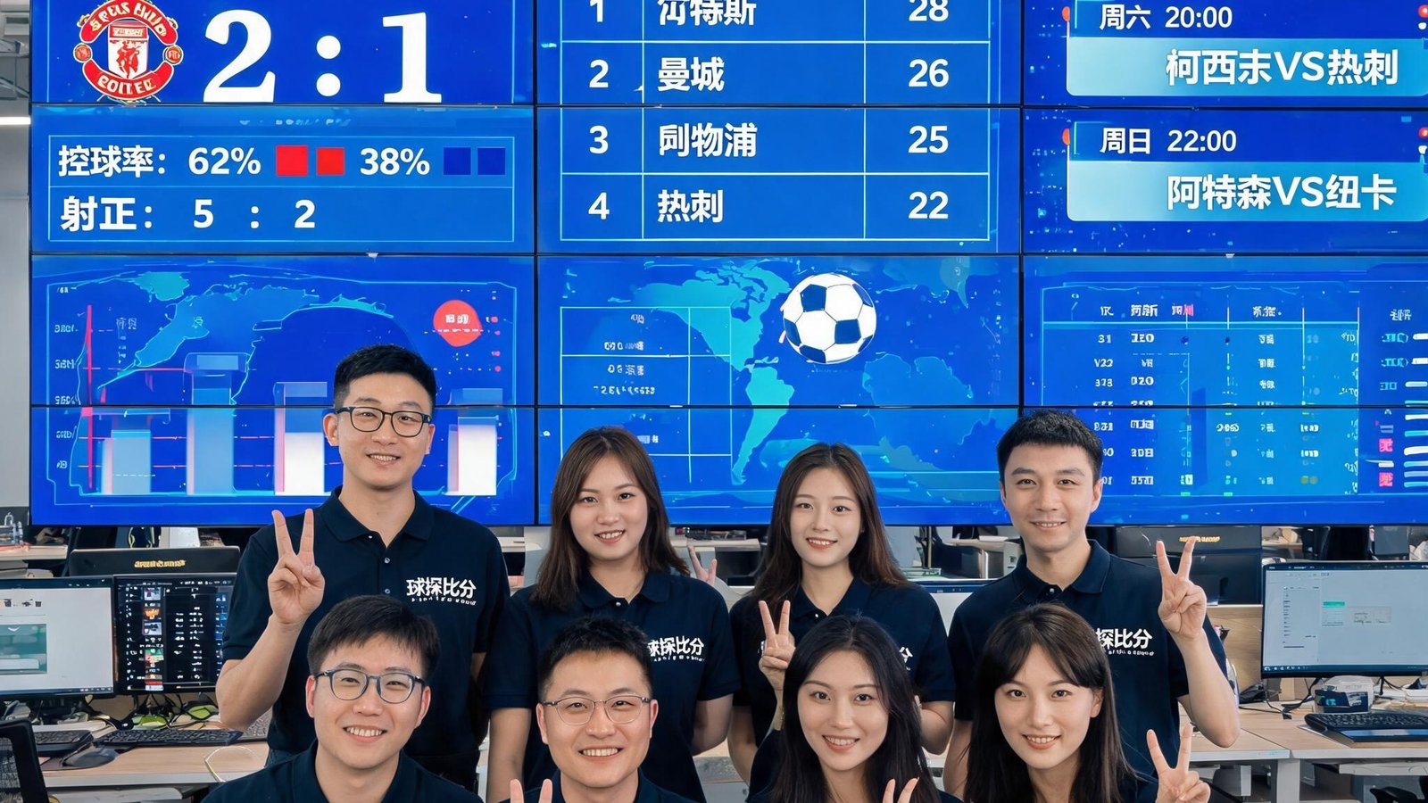 球探比分团队在办公室合影，背景满是足球数据图